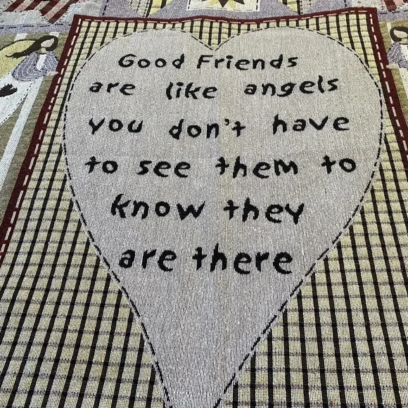 Vintage Tapestry Fringe Woven Throw Blanket Good Friends Cottagecore 46”x54” - Picture 3 of 8
